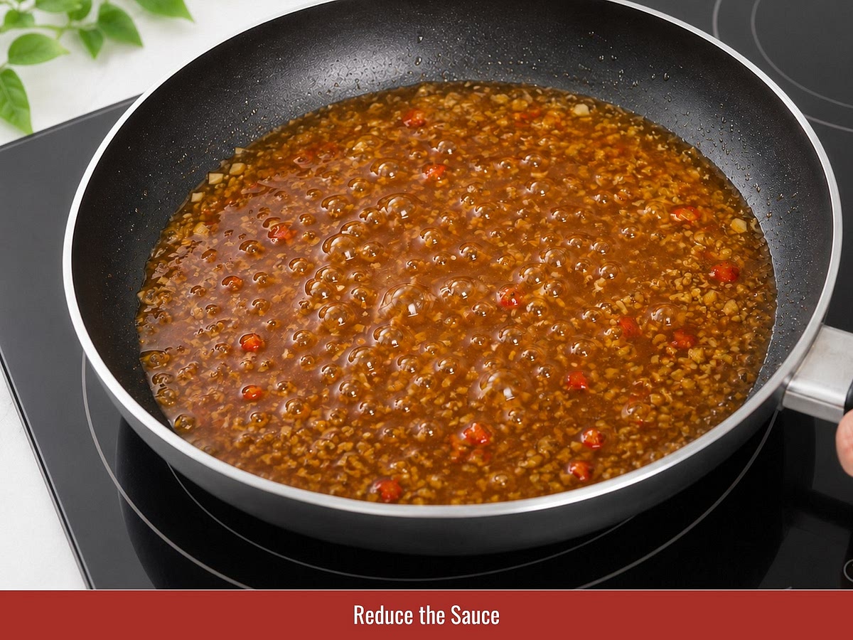 Add the prepared sauce to the garlic oil and simmer briefly until the sauce becomes slightly thick and glossy.