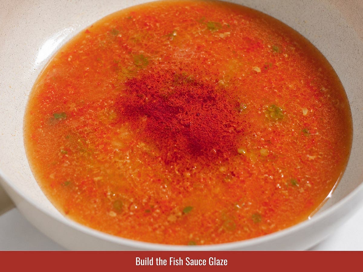 Add green onion whites and minced chili to the garlic oil. Add fish sauce, chili sauce, sugar, water, seasoning powder, and paprika if using. Simmer gently until the sauce becomes fragrant.