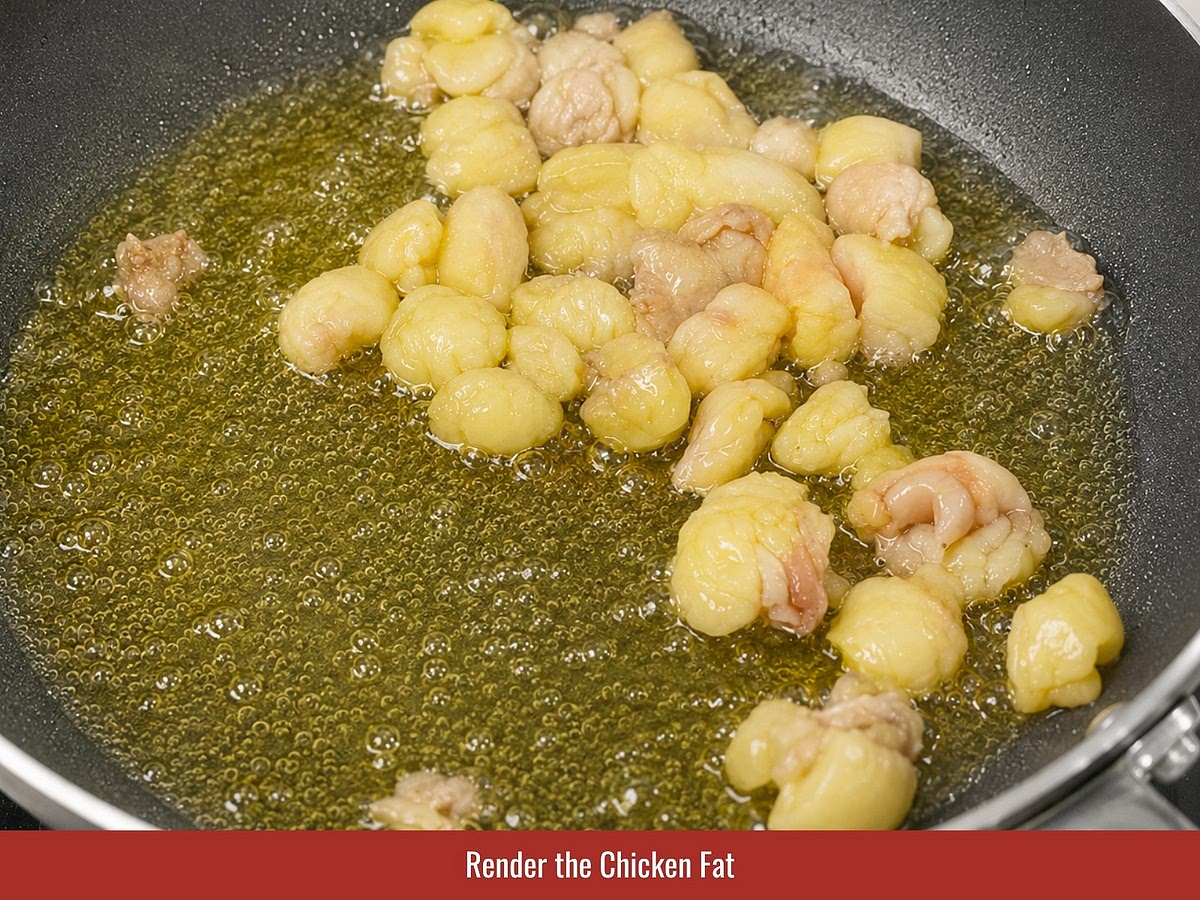 Cut reserved chicken fat into small pieces and cook over medium heat until the fat melts and the solids become golden. Reserve the rendered fat for cooking rice and optional gizzard stir-fry.