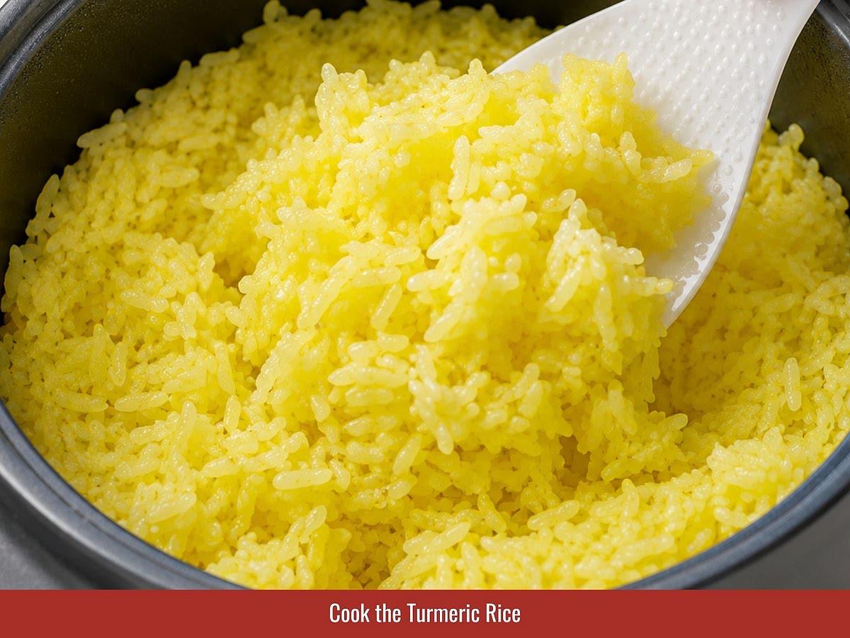 Rinse rice and sauté it with chicken fat, shallots, and turmeric until fragrant. Add chicken seasoning powder, then cook the rice using chicken poaching broth.