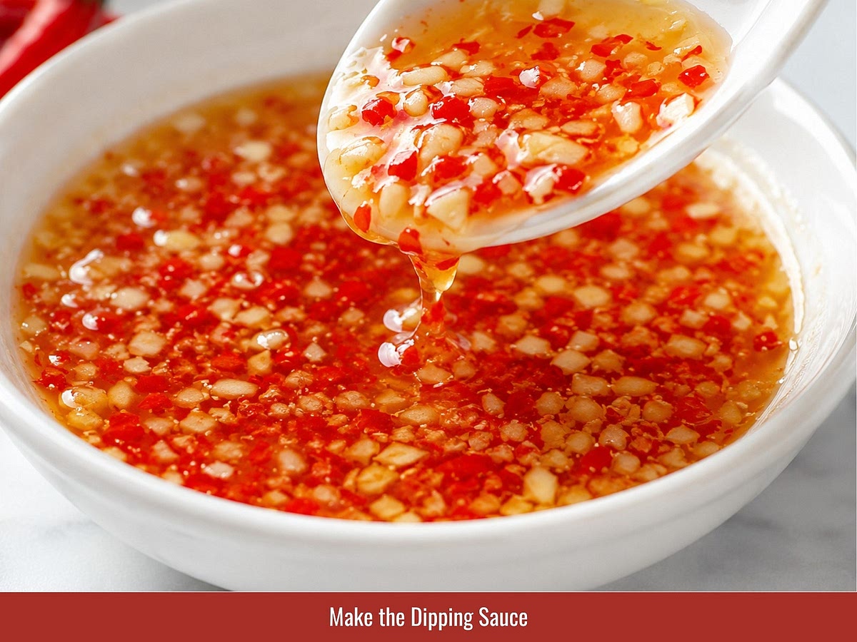Mix fish sauce, sugar, and lime juice until the sugar dissolves. Add minced garlic and chili to complete the dipping sauce.