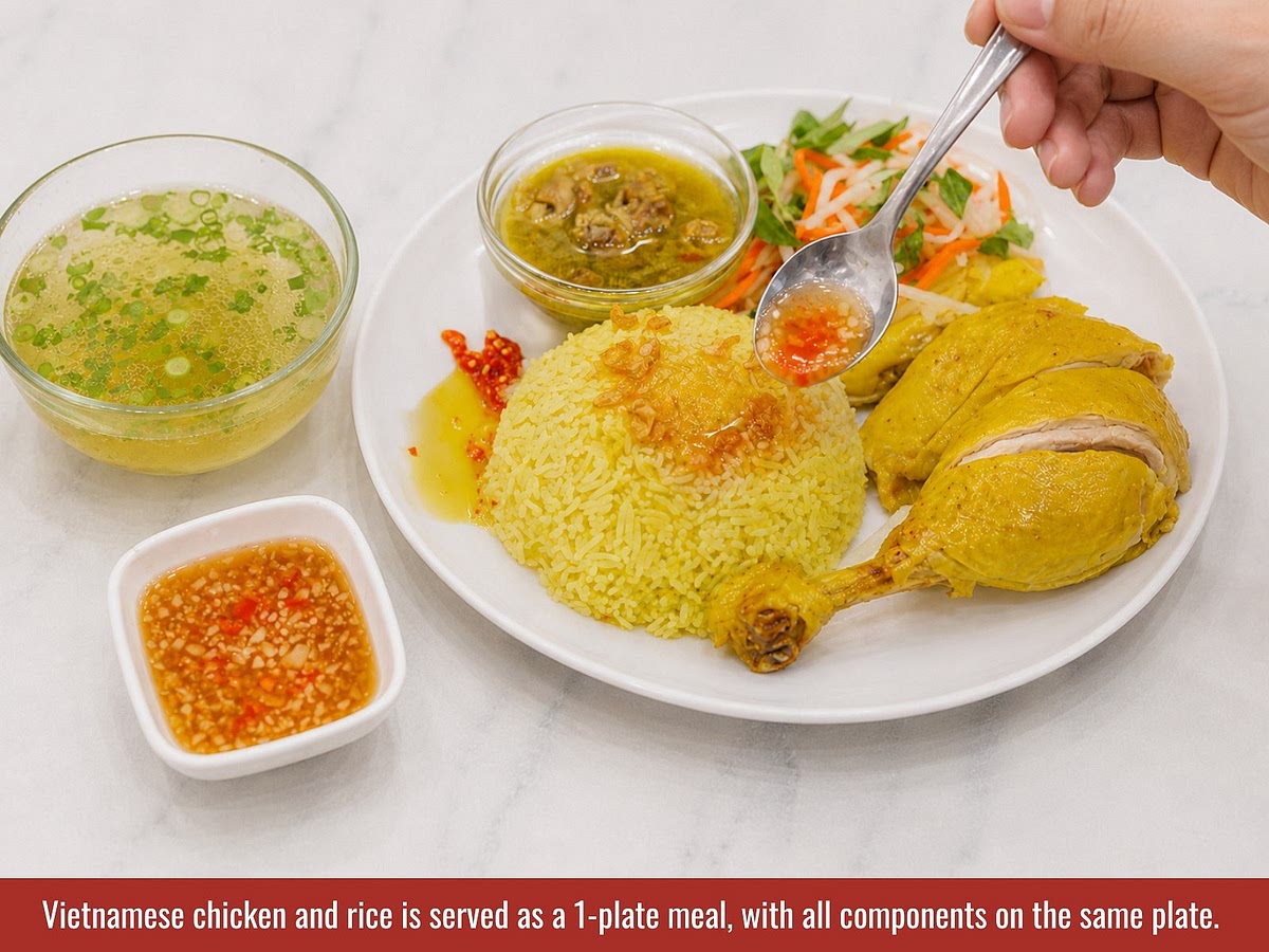 Place turmeric rice in the center of the plate. Arrange shredded chicken, salad, optional gizzards, fried shallots, dipping sauce, and egg-yolk sauce around the rice before serving.