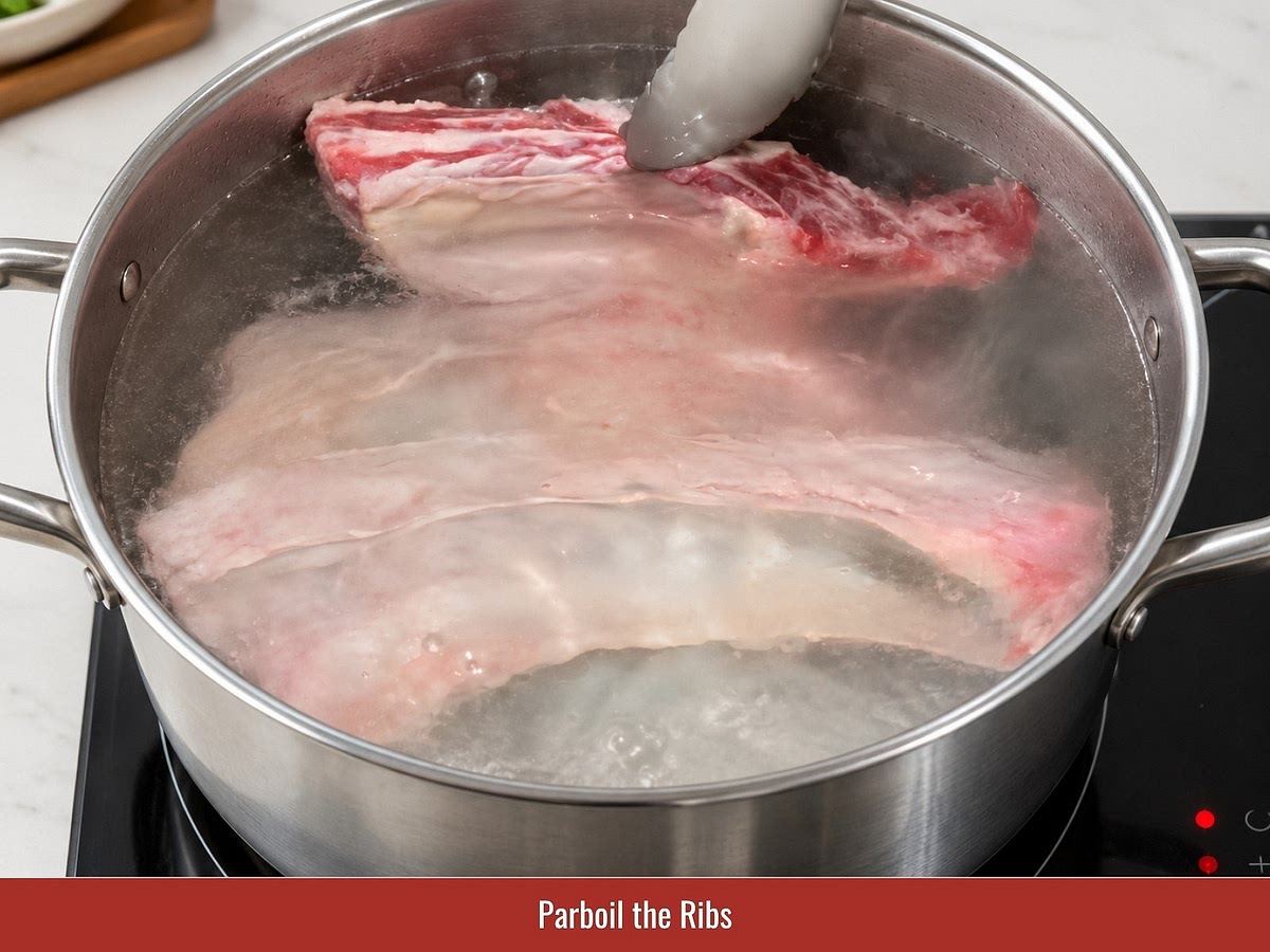 Place beef ribs in a pot with cold water and bring to a boil. Cook briefly, then drain and rinse the ribs to remove surface impurities and create a clearer broth.
