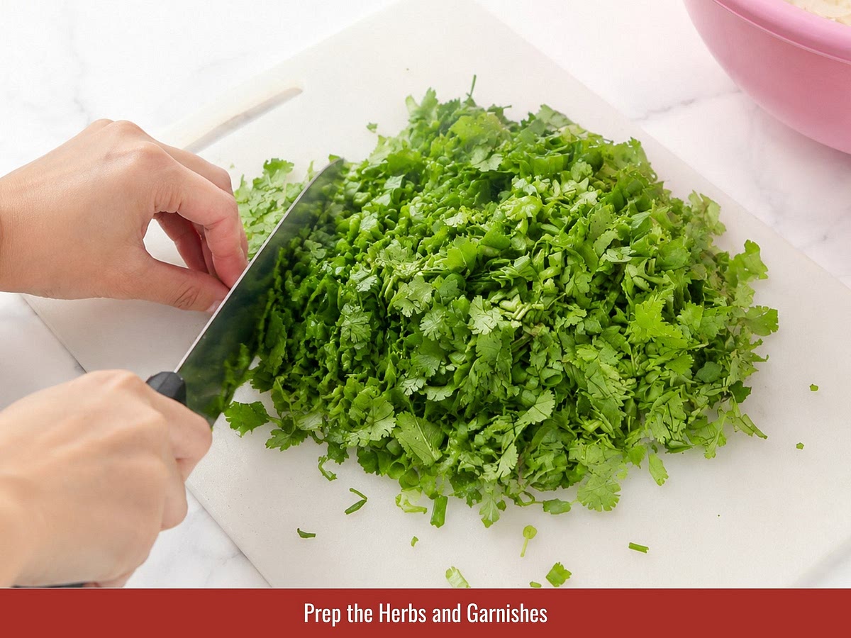 Wash fresh herbs, bean sprouts, and greens. Chop green onions and cilantro, then prepare lime wedges and sliced chili for serving.