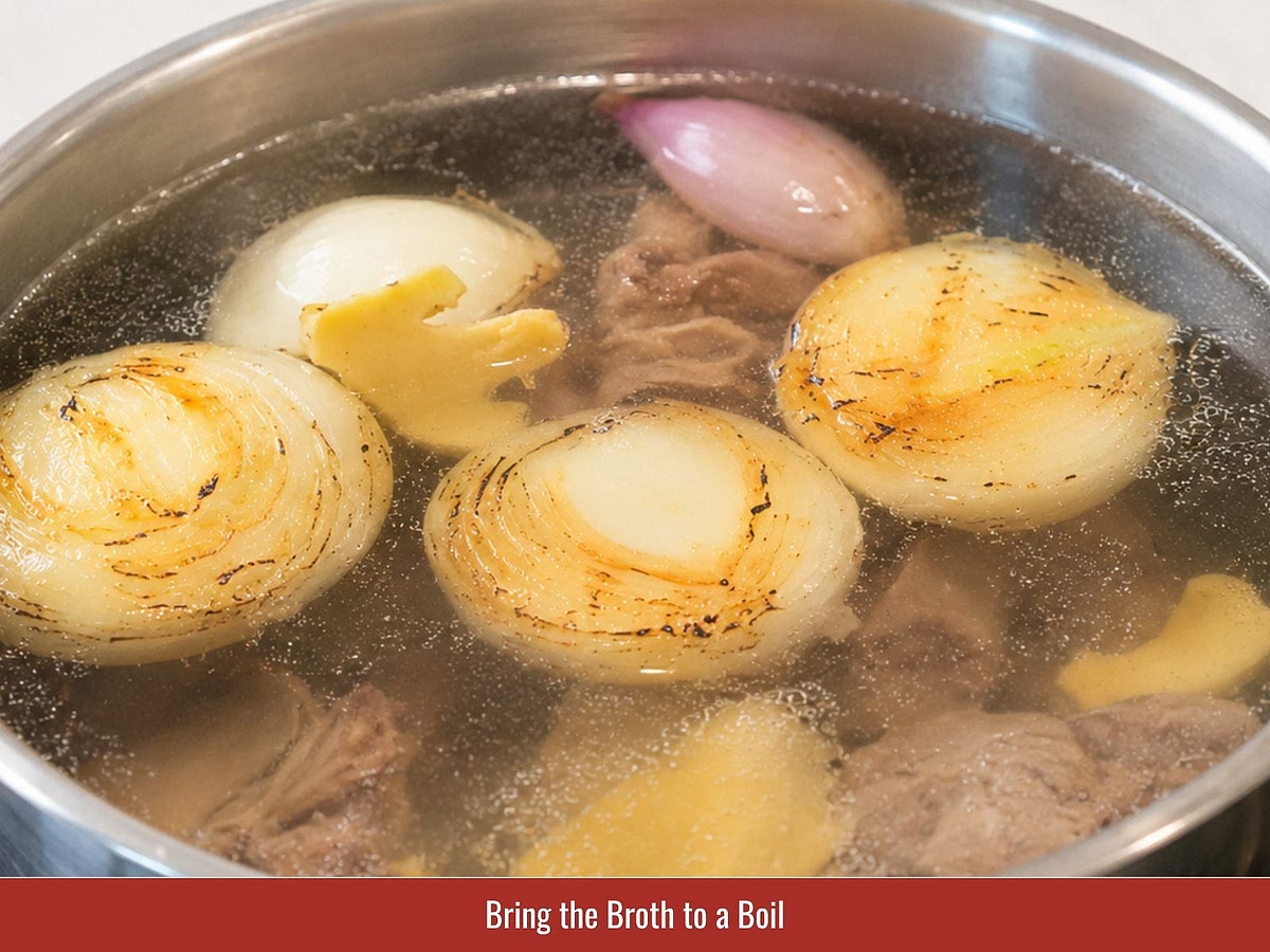 Add water, charred onion, charred ginger, spice bag, and optional red dates into the pot. Bring the broth to a boil.