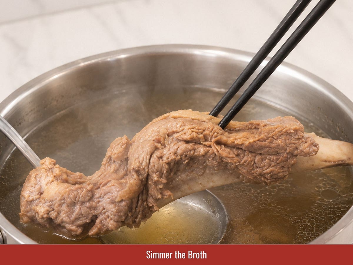 Reduce heat and simmer gently for 1.5–2 hours until the ribs become tender. Remove the spice bag once the broth reaches the desired aroma.