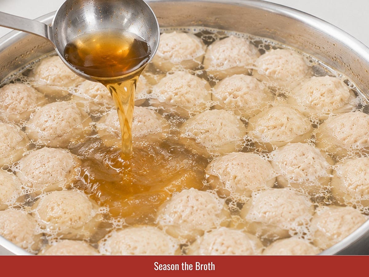 Season the broth with salt, MSG, seasoning powder, sugar, pepper, and fish sauce. Adjust the flavor until balanced.
