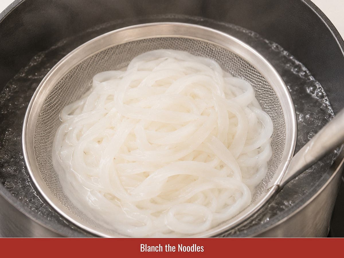 Blanch fresh rice noodles briefly until softened, then drain immediately to maintain their texture.