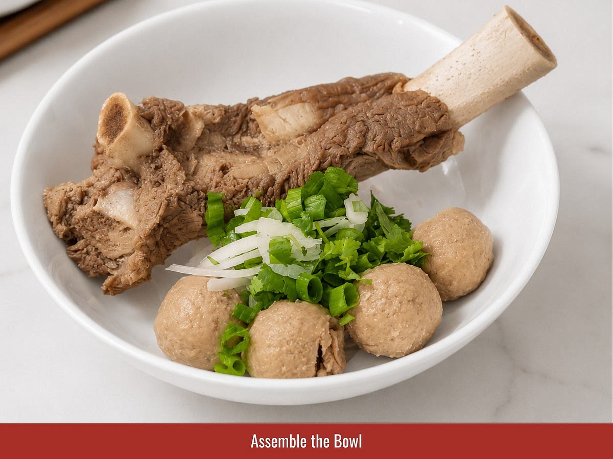 Place noodles into bowls, add 2–3 pieces of tender beef ribs, then pour hot broth over the top. Finish with herbs, lime, chili, and sauces.