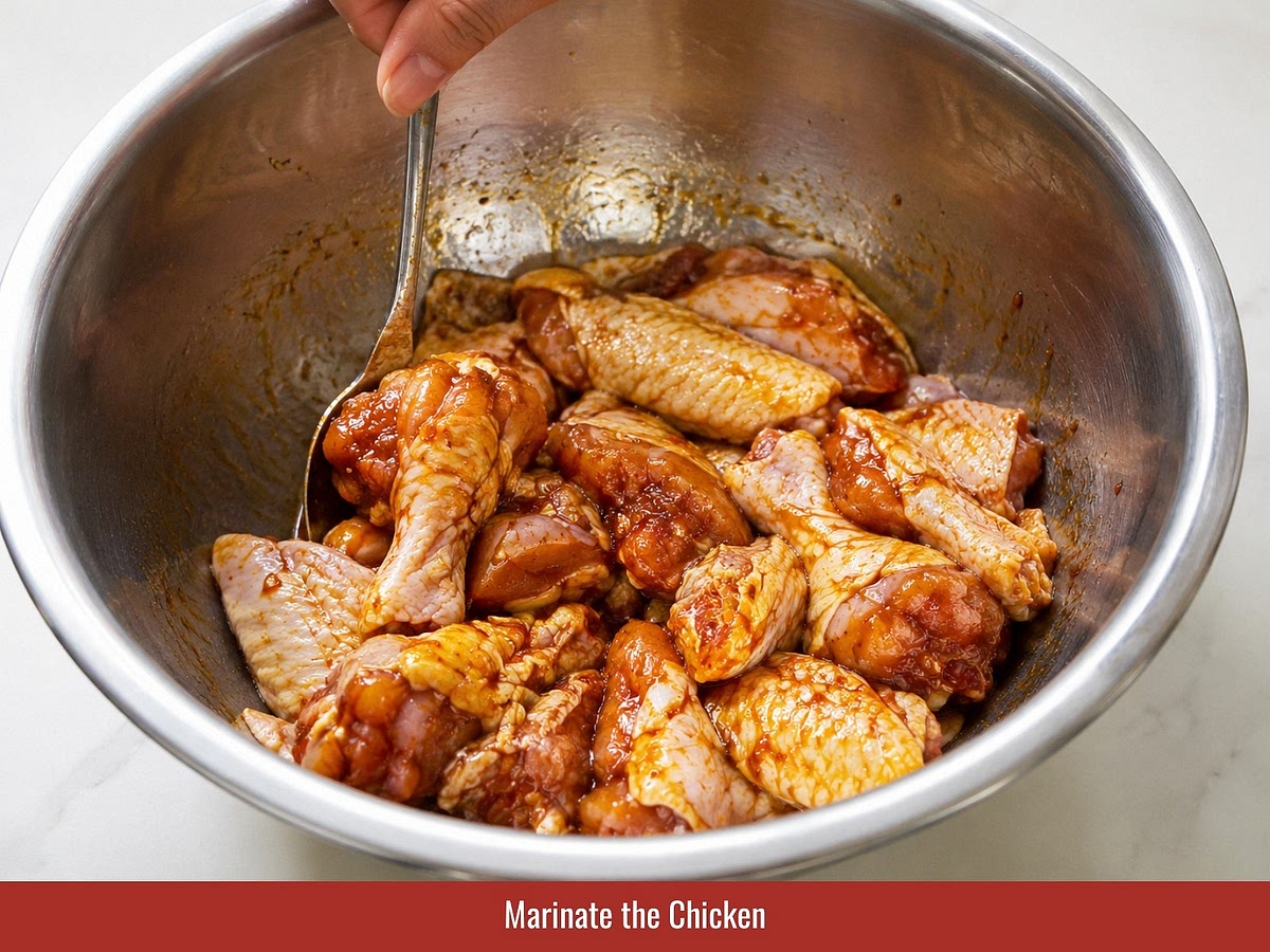 Mix chicken with fish sauce, oyster sauce, caramel sauce, scallion oil, sugar, honey, lime juice, lemongrass, and garlic. Refrigerate for at least 1 hour or overnight for deeper flavor.