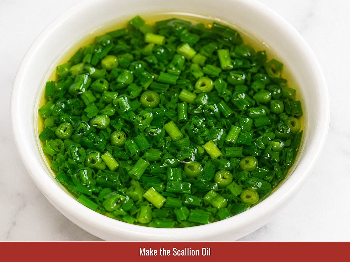 Combine sliced scallions with salt and pour hot oil over them. Stir briefly until the scallions soften and become aromatic.