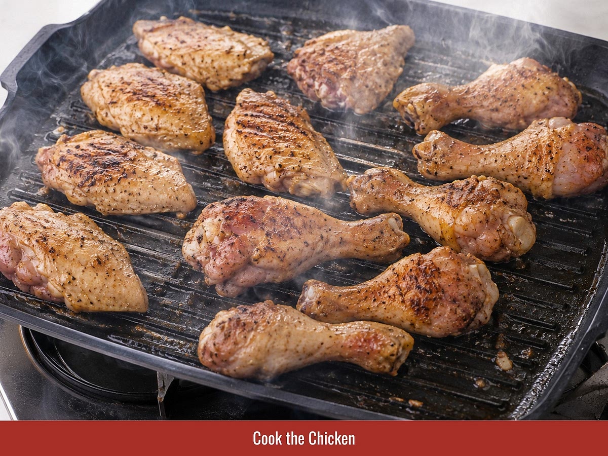 Remove chicken from marinade and brush away loose lemongrass and garlic pieces. Grill or pan-sear until golden brown and cooked through.