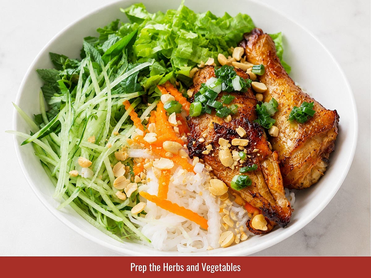 Place vermicelli into serving bowls. Add grilled chicken, vegetables, herbs, pickled vegetables, scallion oil, and peanuts. Pour nước chấm over the bowl before eating.