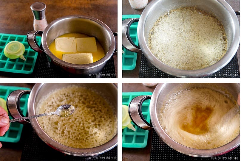 As the butter melts, it will start to foam. This is the water in the butter evaporating. Keep stirring the butter occasionally to prevent it from burning.