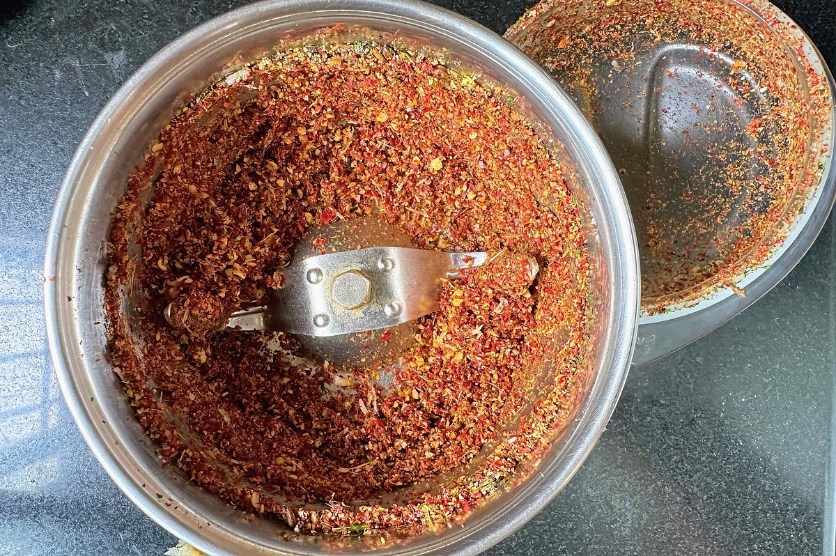 Once the mix has cooled, grind it to a fine dry powder without adding any water.