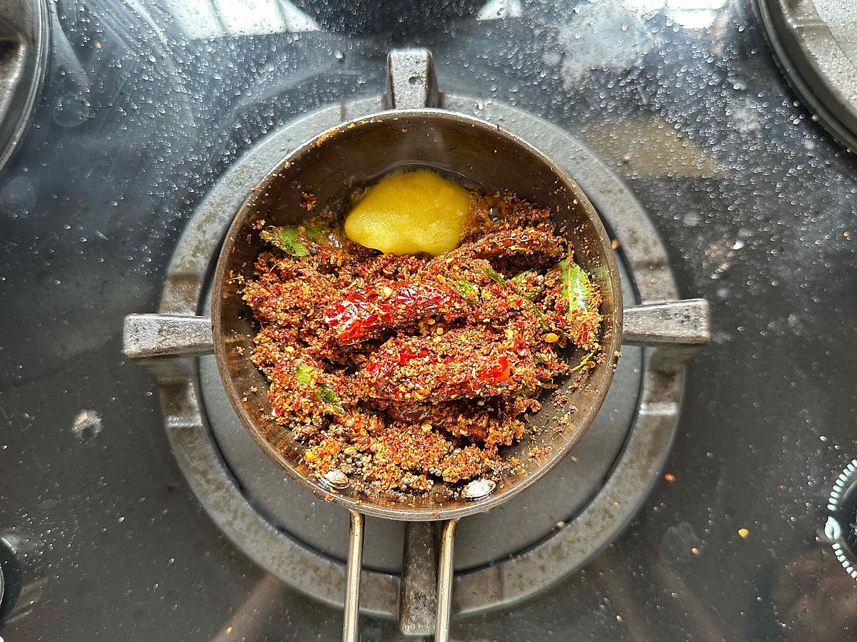 Add ghee if the masala is sticking to the pan. Switch off the flame when a strong aroma wafts into the air.