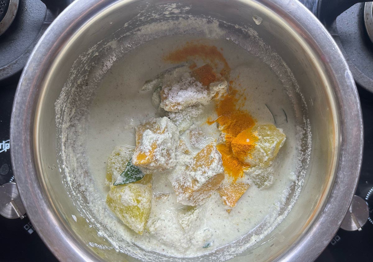 Add salt and haldi. Since some salt and haldi was already added while boiling the veggies, check for taste before adding in this step.