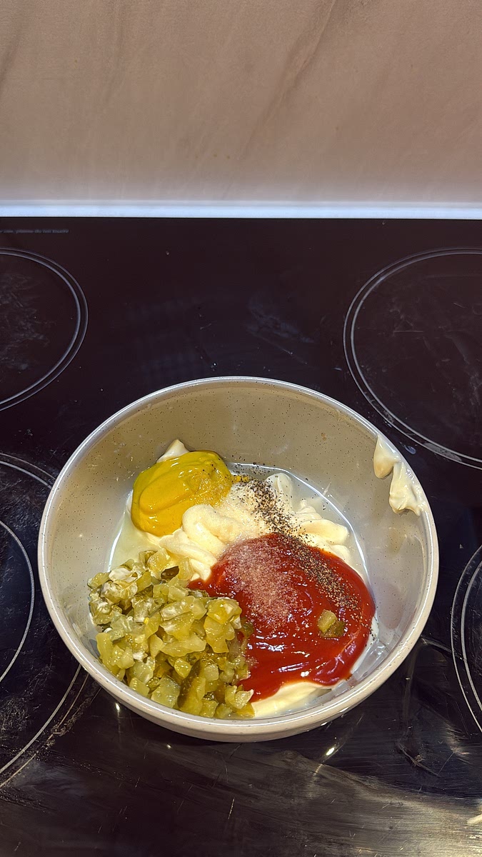 Add the mayonnaise, ketchup, mustard, white vinegar, sugar and finely chopped gherkins to a bowl. Season with salt and black pepper, then mix until smooth and creamy. Pop it aside while you prepare everything else.