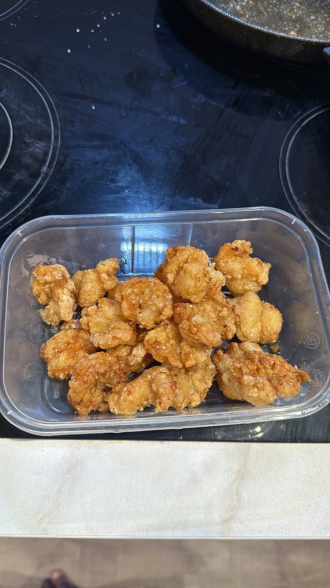 Fry until golden, crispy and completely cooked through, then remove and drain.
