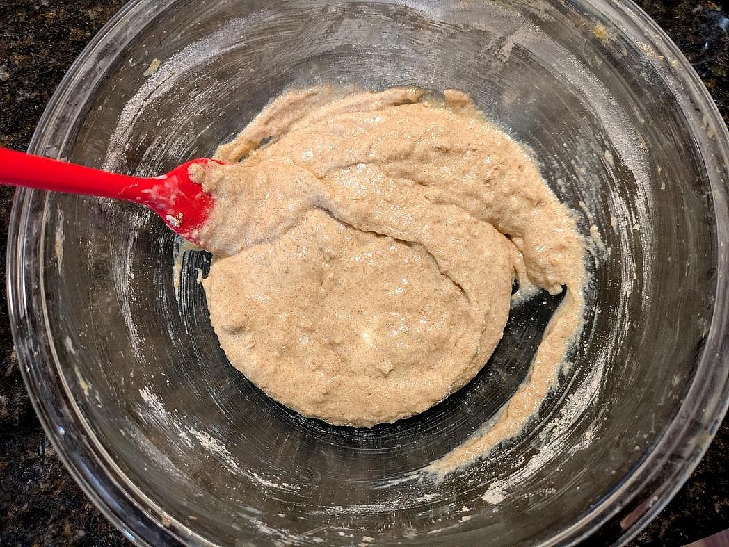 Beat your egg in a large bowl. Whisk with the granulated monk fruit. Whisk in the cottage cheese. Mix in the whole wheat flour with a silicone spatula until just fully combined.