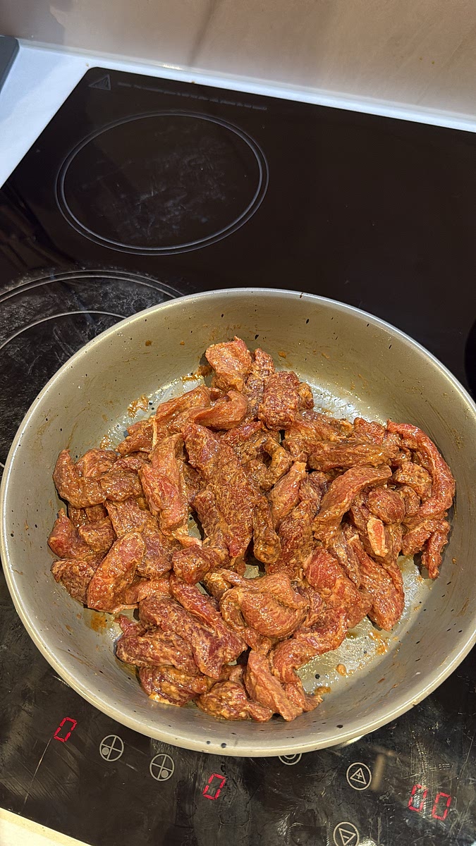 Massage everything thoroughly into the beef until every piece is evenly coated. Leave to marinate for around 15–20 minutes while you prepare everything else.