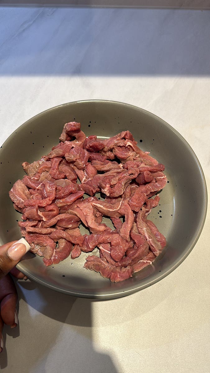 Pat the beef strips dry first — this makes a BIG difference to the crispiness.