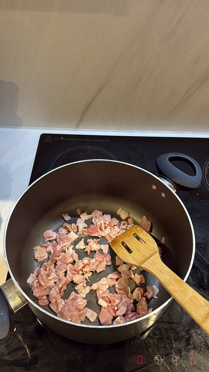Cook the bacon in a pan until golden and crispy. Remove it from the pan and set aside — this is going on top at the end.
