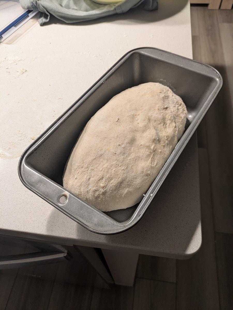 Shape & Overnight Cold Proof
Turn dough onto a lightly floured surface, shape into a tight log, and place seam-side down into an 8x4 loaf pan lined with parchment paper.
Cover tightly with plastic wrap to retain surface moisture and refrigerate for 12 to 16 hours.
