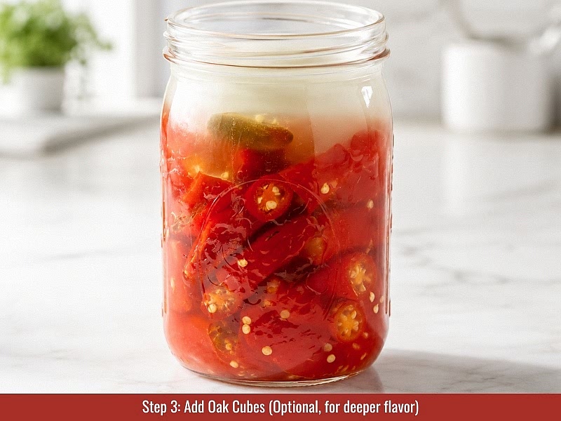 Ferment the peppers: Place peppers into a clean fermentation jar and cover completely with 3% brine. Add a fermentation weight, seal with an airlock or fermentation lid, and ferment at 65–75°F (18–24°C) away from direct sunlight for 14–30 days.