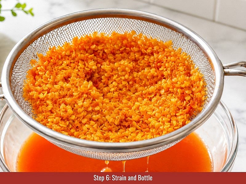 Blend with vinegar: Add fermented peppers and 21 oz (600 g) distilled white vinegar into a blender. Blend until smooth, then add remaining vinegar gradually until the sauce reaches the preferred acidity and thin consistency.