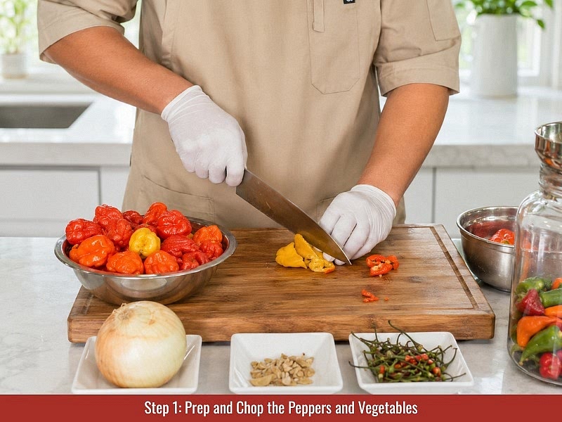 Prepare the peppers and vegetables: Wear nitrile gloves and eye protection before handling Trinidad Scorpion peppers. Remove stems and cut Scorpion peppers into quarters. Chop beet, Fresno peppers, red bell pepper, ginger, and turmeric into roughly 1 inch (2.5 cm) pieces. Remove stems from ancho chiles and slice onion into rings.