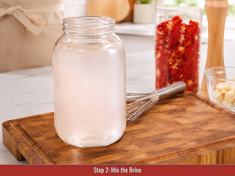Make the 3% brine: Combine 5 cups (1.2 L) filtered or distilled water with 36 g non-iodized salt. Stir until the salt completely dissolves. The brine concentration equals 3% of the water weight.