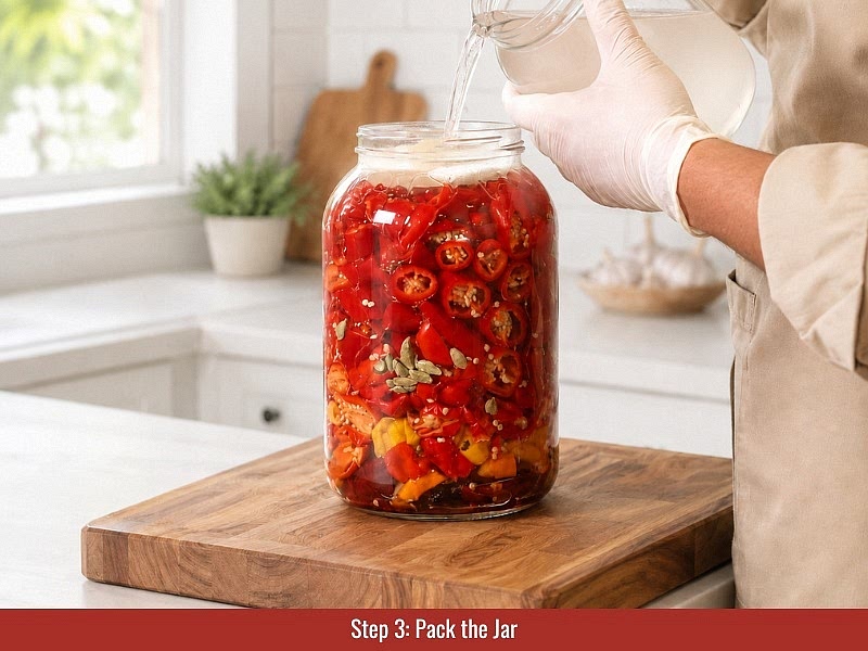 Pack the fermentation jar: Place Trinidad Scorpion peppers, beet, ancho chiles, Fresno peppers, bell pepper, ginger, turmeric, and cardamom into a clean 3 L fermentation jar. Add onion rings on top, place a fermentation weight, and pour in enough brine to fully submerge the vegetables.