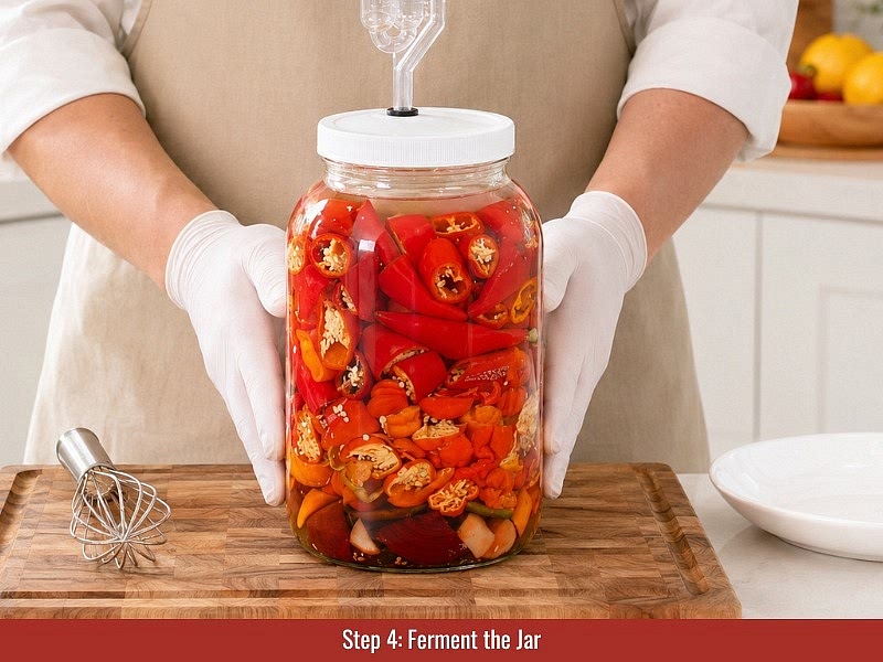 Ferment for 28 days: Keep the jar in a dark location at 68–72°F (20–22°C) for 28 days. Ensure all vegetables remain below the brine surface. Check for fermentation signs such as bubbles, cloudy brine, and softened vegetables.