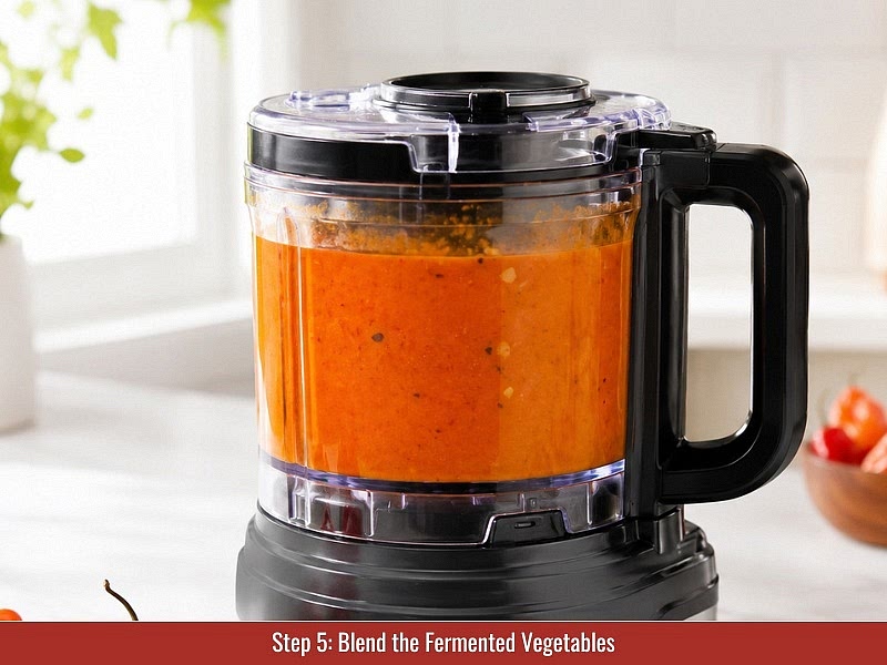 Drain and blend the fermented ingredients: Drain the fermented vegetables while reserving the brine. Add fermented peppers and vegetables to a blender with garlic cloves, 1 cup (240 ml) apple cider vinegar, and 1 cup (240 ml) reserved fermentation brine. Blend for 60–90 seconds until smooth.