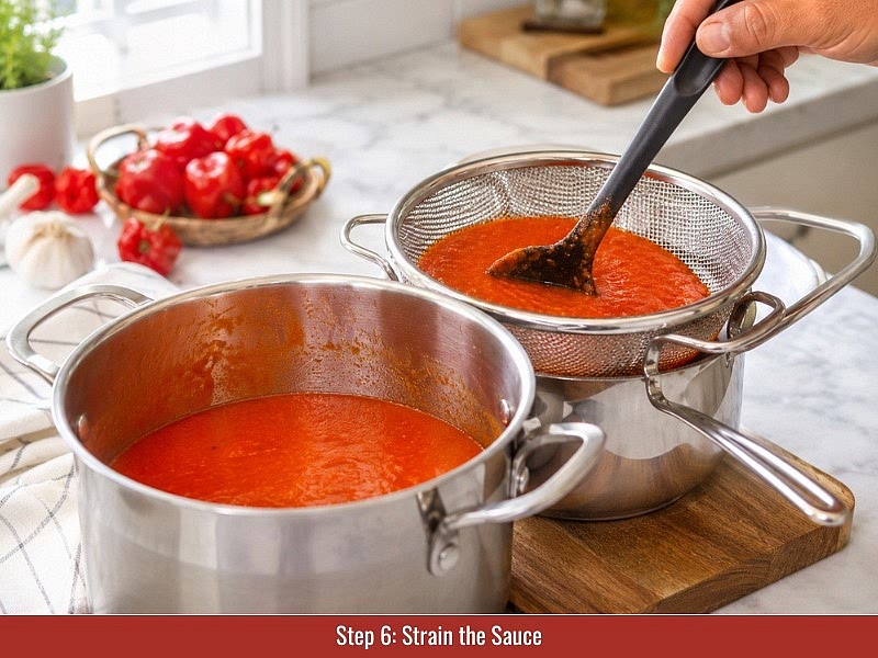 Adjust the texture and strain: Press the blended sauce through a fine-mesh sieve for a smoother bottle-style sauce, or keep the solids for a thicker texture. Add xanthan gum while blending if a more stable sauce texture is desired.