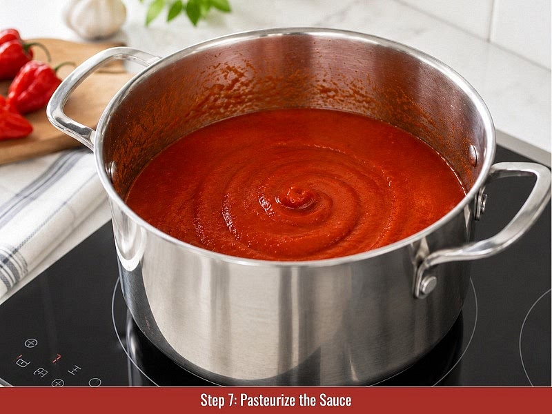 Heat the finished sauce: Transfer the sauce to a saucepan and heat gradually to 145°F (63°C). Hold at this temperature for 15 minutes while stirring occasionally.