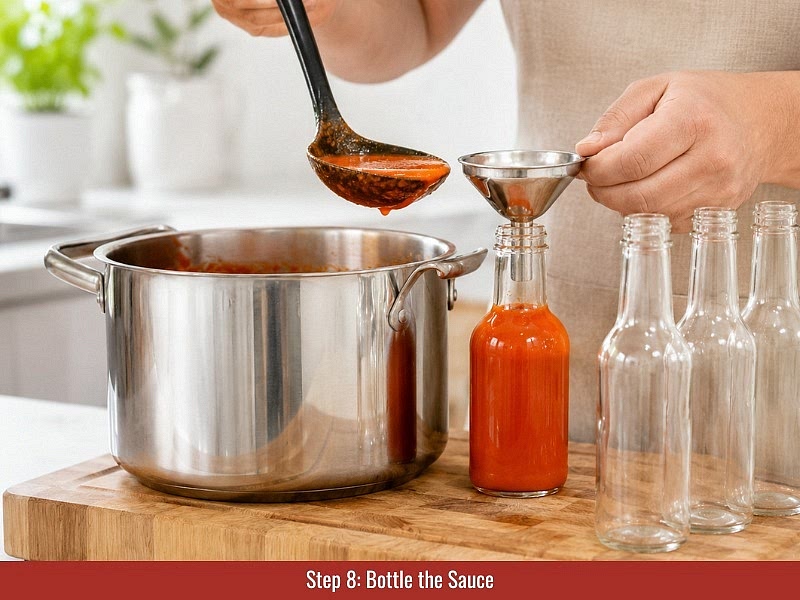 Bottle and refrigerate: Transfer the warm sauce into clean glass bottles or airtight jars. Allow containers to cool, then refrigerate.
