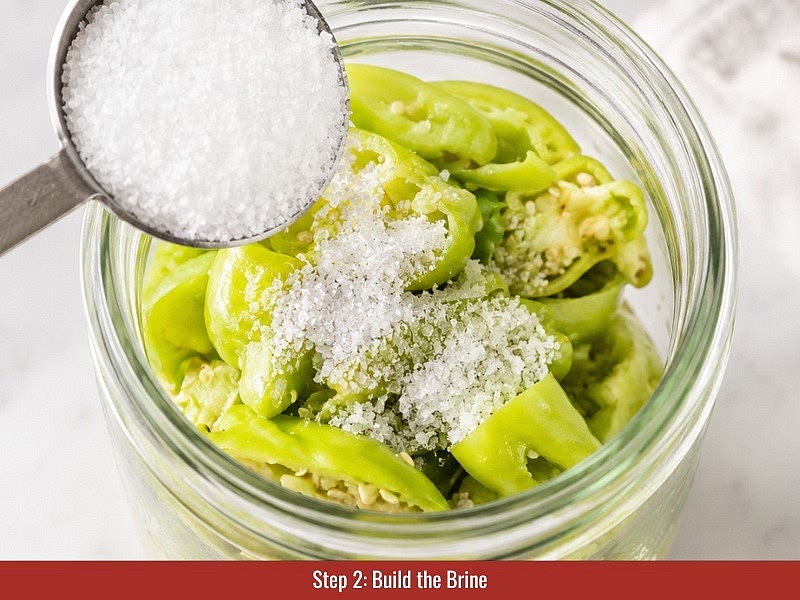 Build the brine: Add 2 tablespoons salt to the jar, then pour filtered water over the vegetables until they are completely submerged. Stir or shake until the salt dissolves throughout the brine.
