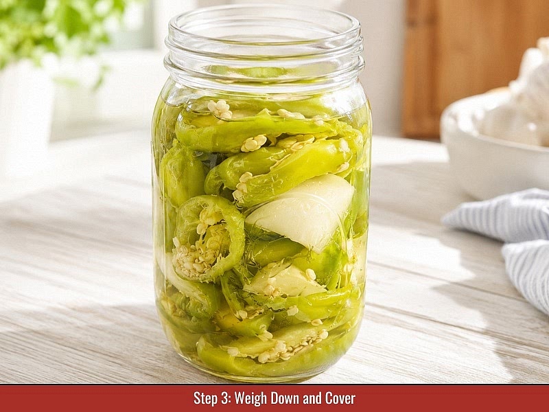 Weigh down and cover: Place a fermentation weight over the vegetables to keep them below the brine surface. Cover the jar with a clean cloth, cheesecloth, fermentation lid, or airlock system that allows fermentation gases to escape.