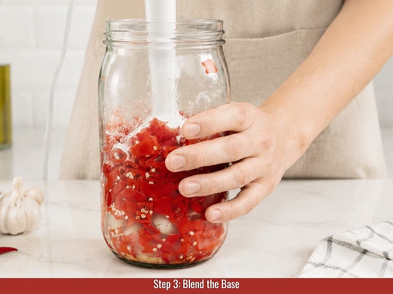 Blend the base: Add roasted Thai peppers, roasted garlic, water, brown sugar, and hoisin sauce into a blender. Blend until completely smooth with no visible chunks.