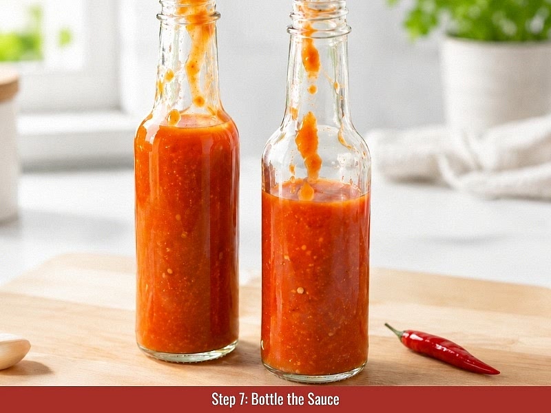 Bottle the sauce: Pour the hot sauce into sterilized bottles while the temperature remains above 180°F (82°C). Seal immediately and flip bottles upside down for 5 minutes to sanitize the inside of the lids.