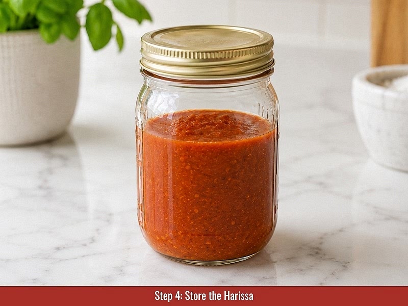 Store the harissa: Transfer the finished paste into a clean glass jar. Smooth the surface and pour a thin layer of extra virgin olive oil over the top. Seal tightly and refrigerate.