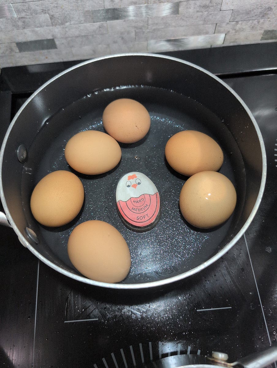 Boil 6 eggs and set aside.