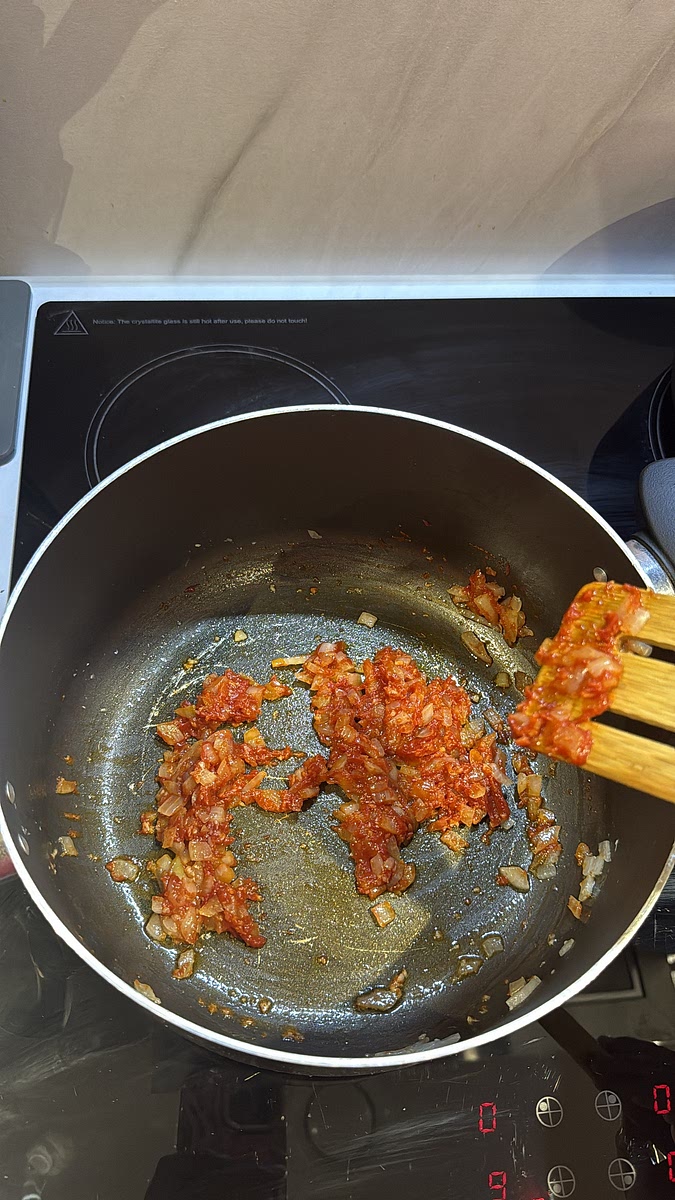 Fry the purée for 1–2 minutes to deepen the flavour.