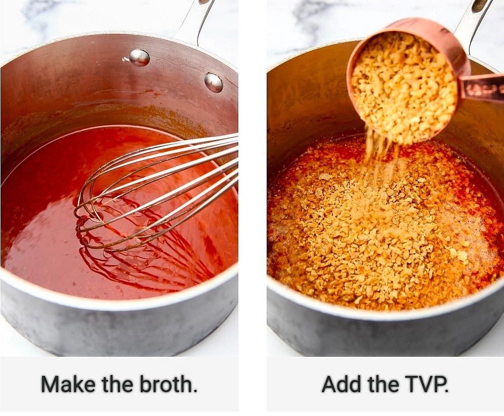 If making TVP bacon bits, preheat oven to 225F / 107c. Heat 1 cup of water, 2 Tablespoons of oil, 2 teaspoons of smoked paprika, 1 1/2 teaspoons of salt, and 1 teaspoon of liquid smoke in a saucepan. Once it comes to a boil, turn it off and pour in 1 1/2 cups of TVP and stir, coating the TVP in the broth.