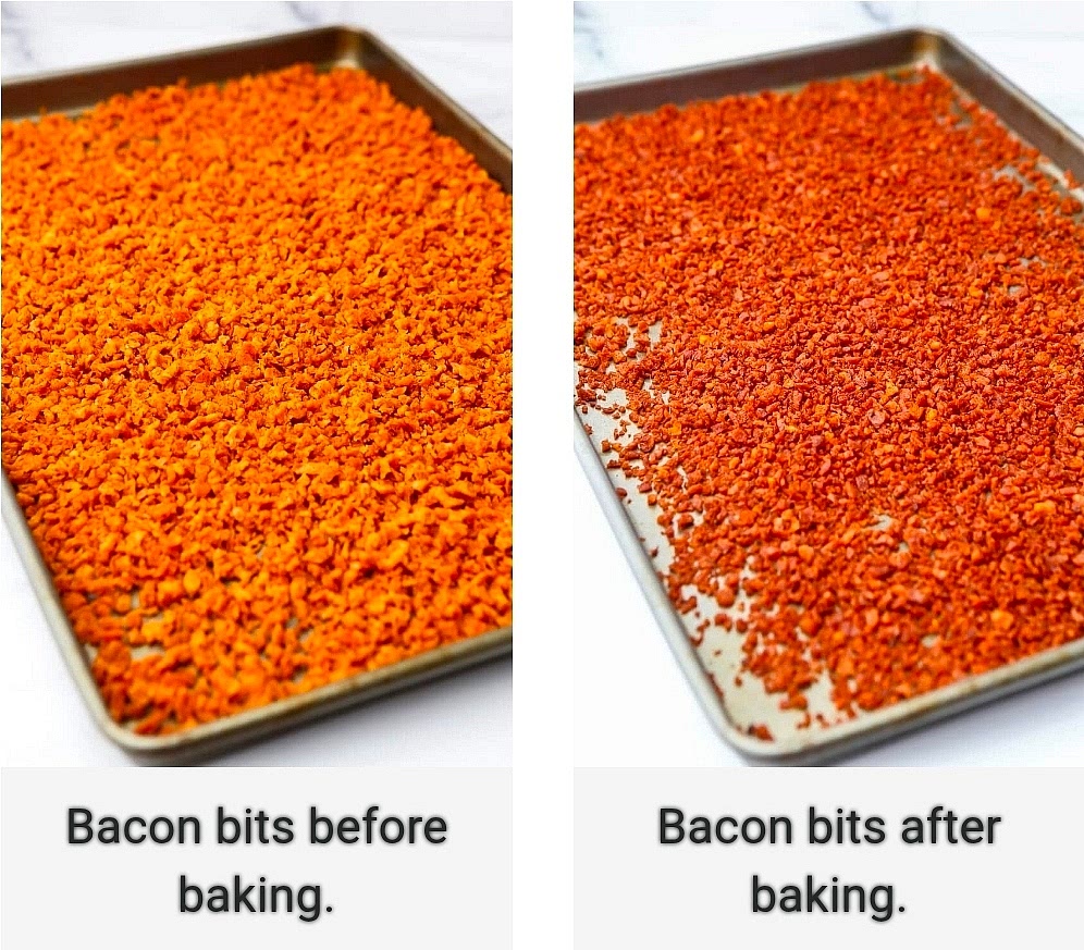 If making TVP bacon bits, Spread onto a cookie sheet and place in the oven at 225°F (107° C) for about 45 minutes, giving them a little stir or shake the tray every 10- 15 minutes while in the oven to make sure they cook evenly.