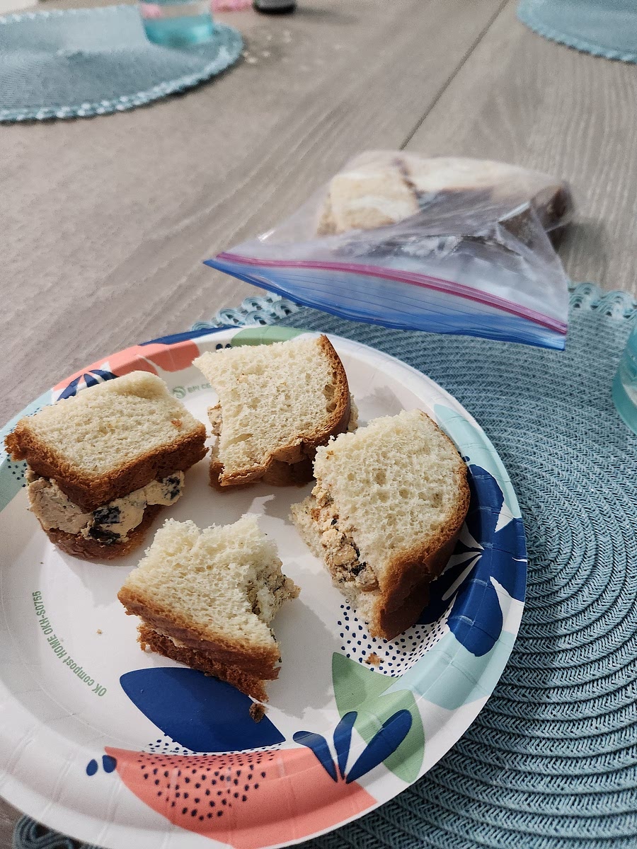 Serve on 4 pretzel buns, rice buns, sweet potato buns, or wheat bread buns. Alternatively, serve on 8 slices wheat bread for heaping full sandwiches. If made overnight on sliced white bread, this sandwich stays soft and delicious. I used 16 slices of bread for mini sandwiches. I still got 4 servings total, it's just two less messy sandwiches worth. This way is better for traveling!