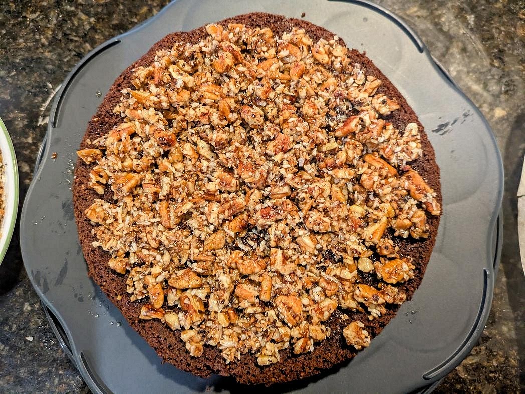 Spread about 2/3 of your filling mixture (~230 g or 1 cup) onto the bottom (now top) of the first layer.