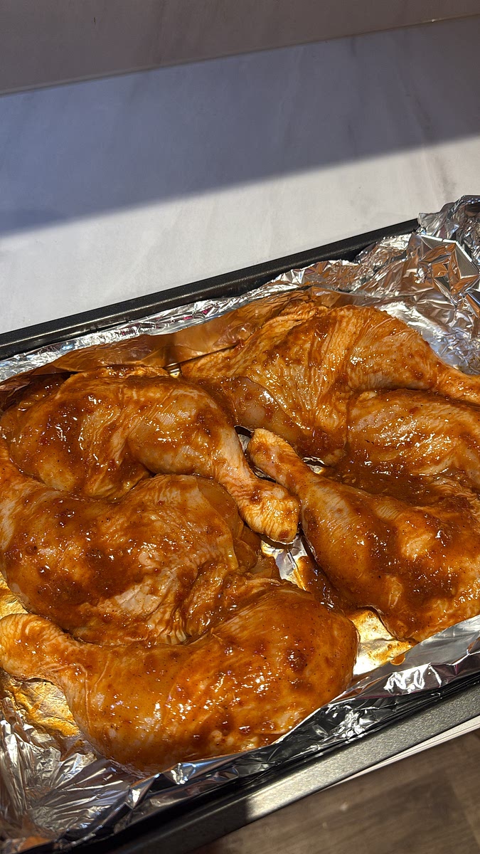 Preheat the oven to 200°C fan. Arrange the chicken legs skin-side up in a large roasting tray, leaving space between each piece. Roast for approximately 40–50 minutes, depending on their size.